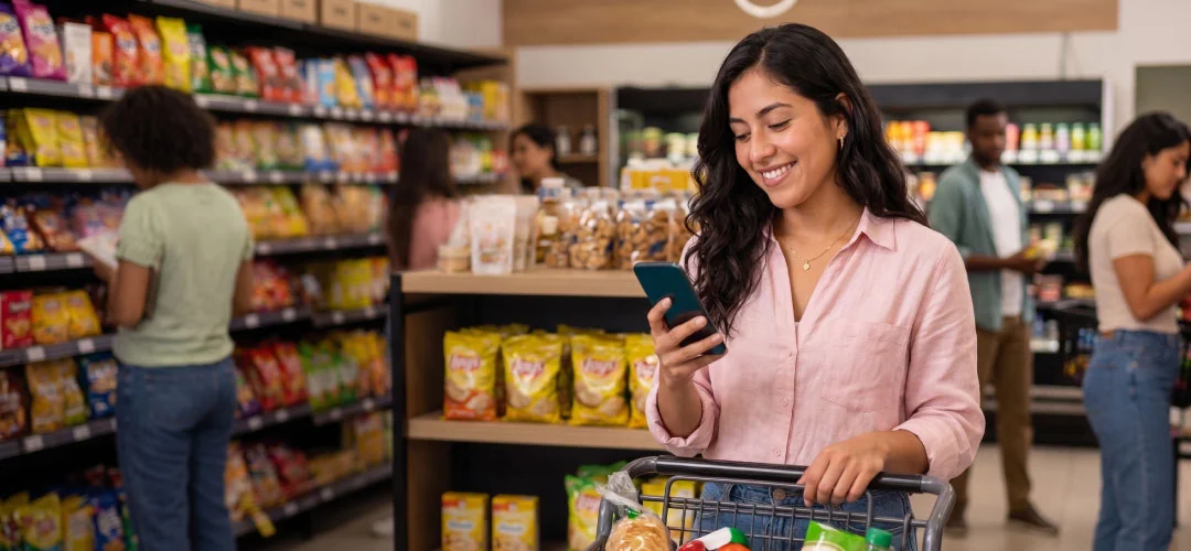 Mujer comprando en una tienda con su celular